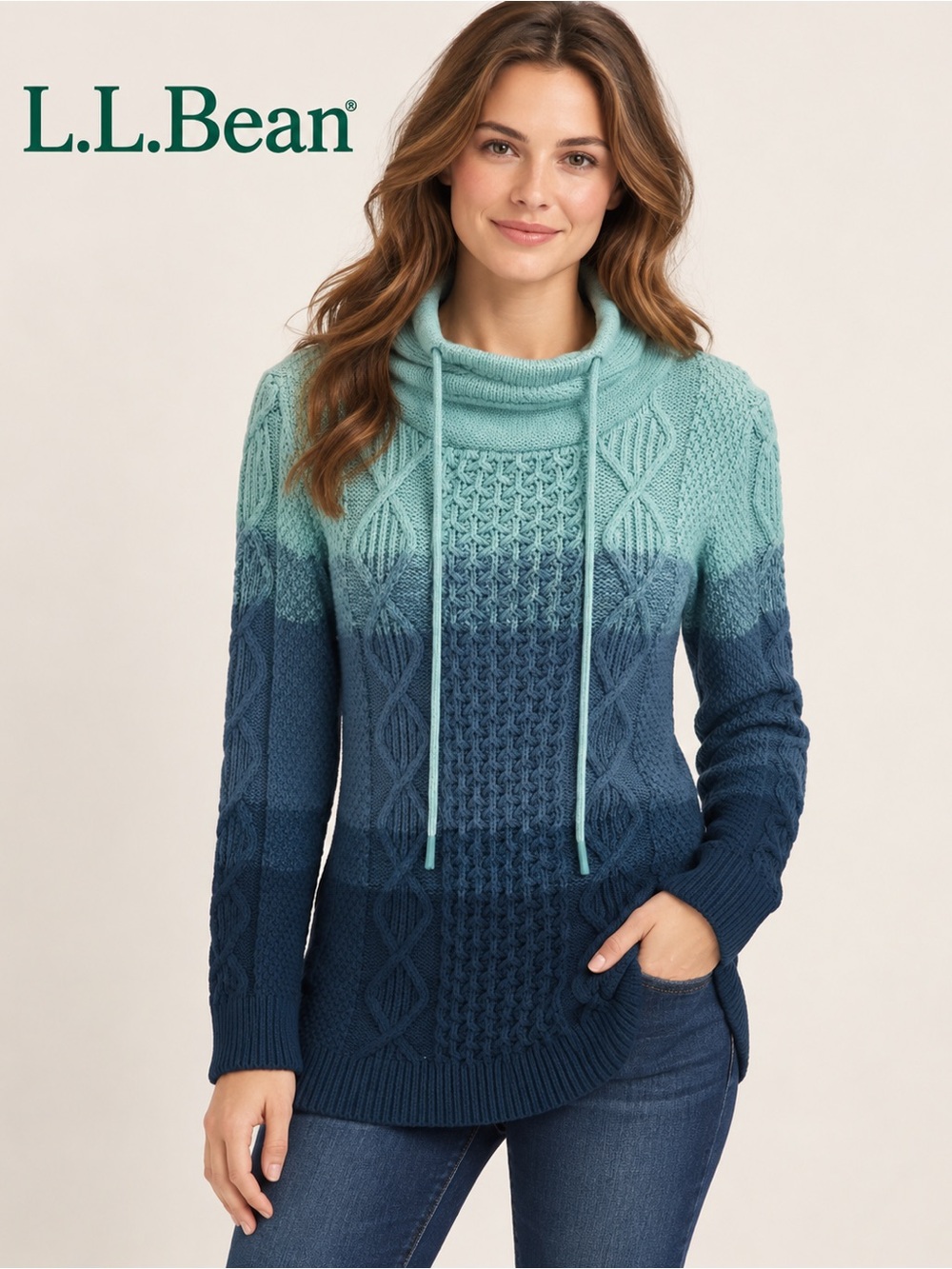 L.L.Bean Signature Ombré Cotton Knit Cowl Neck Sweater Size M